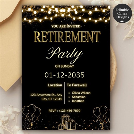 Retirement Celebration Party Invitation, Text Editable Black Canva Template, Invite for Men or Women, Retirement Dinner Party, PDF Download - Etsy