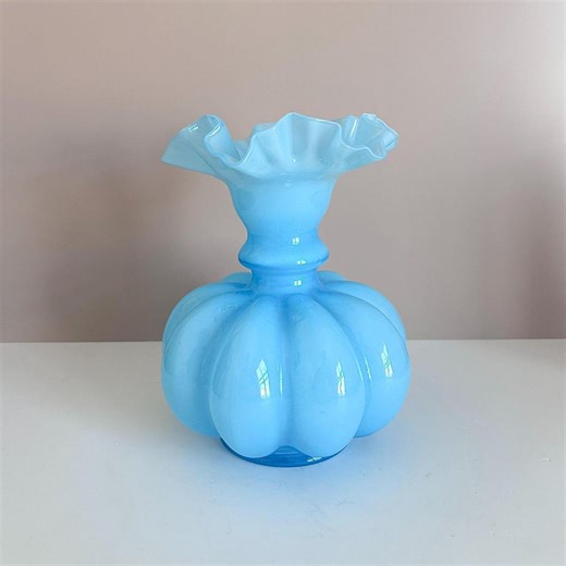Vintage Blue Milk Glass Vase Ruffled Rim Pedestal Vase Retro Cottagecore Decor Opaline Glass Flower Vase - Etsy