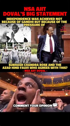 Nsa Ajit Doval's Big Statement!. NSA Ajit Doval stated at a 2025 book launch (Bose's biography) that India's independence accelerated due to Subhash Chandra Bose's Azad Hind Fauj (INA) creating British administrative crisis post-1945 trials mutinies in Navy/Air Force/Police forced Mountbatten to exit by Aug 1947. Gandhi's non-violence "moral pressure" secondary; Bose delivered "physical pressure." Historians debate but Doval's view aligns with declassified records. #ajitdoval #boselegacy #azadhi