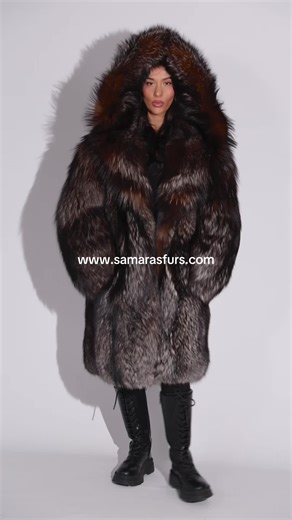 Luxury Scandinavian Silver Crystal Fox Fur Coat With Lavish Fur Hood Order it at www.samarasfurs.com #furcoat #furjacket #newyork