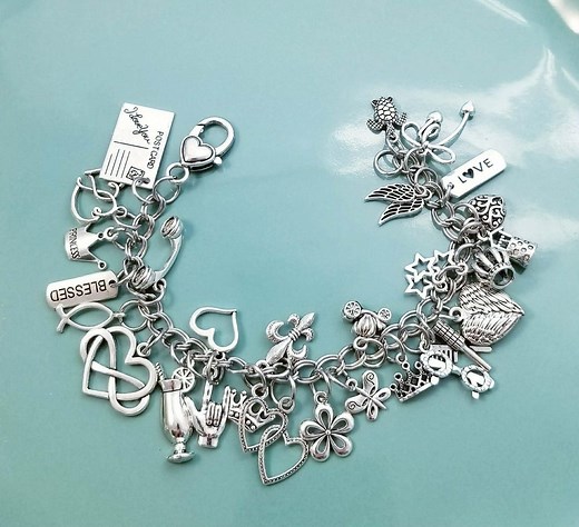 Chunky Charm Bracelet/chunky Silver Bracelet 8.5 In/bracelet Loaded Lots of Charms / Princess Fairytale Hearts Crown Love Turtle - Etsy