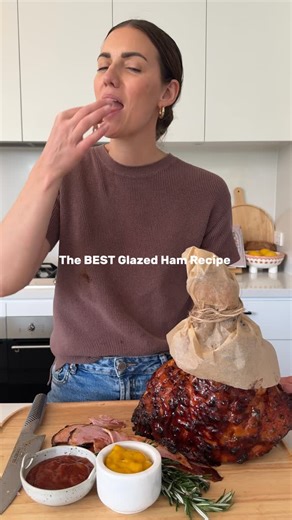 Nicole Maguire on Instagram: "The BEST Glazed Ham Recipe – and yes. That is ham glaze on my top. 😂 Gone are the days we are intimidated by glazed ham which is the easiest thing to make at home with leftovers for days. There’s no perfection required here. Score it a bit wonky? Forget to baste once? Bake it slightly longer or shorter? It will still be glossy, juicy and completely delicious. The apricot jam glaze is the real star of the show... this is GOOD. Sticky, shiny and perfectly balanced wi