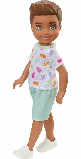 Barbie Chelsea Doll, Small Boy Doll with Brown Hair & Blue Eyes Wearing Removable Gummy Bear Outfit, 5.47 in