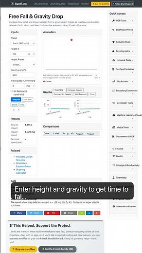 Free Fall & Gravity Drop Calculator — in 30 seconds #Developers #DevTools #OpenSource