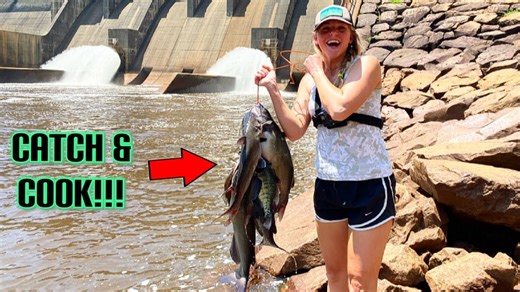 Catfishing massive spillway using rare live bait