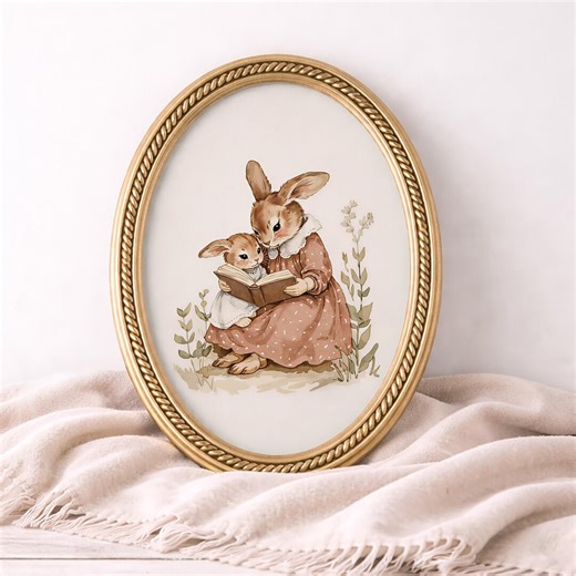 Rabbit Reading Nursery Print | Vintage Style Nursery PRINTABLE Wall Art | Mom & Baby Book Print | Antique Nursery Decor | Girls Nursery Art - Etsy