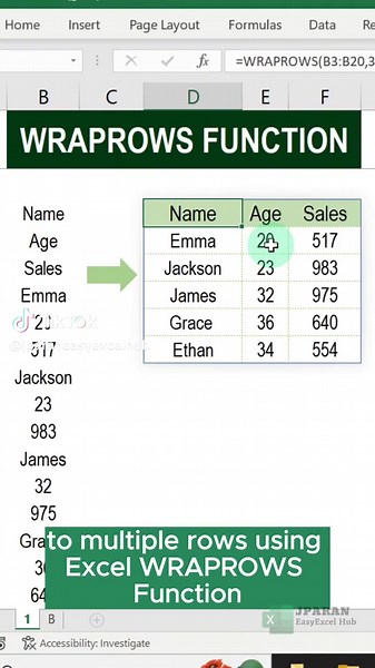 Convert Data from Single Row to Multiple Rows Using Excel Wraprows Function