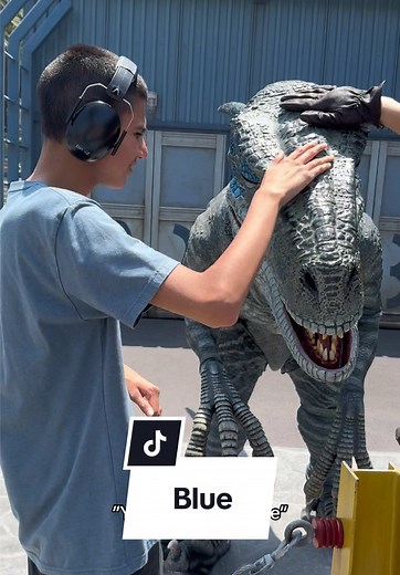 Petting Blue the Velociraptor at Universal Studios