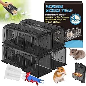 Humane Mouse Trap Indoor for Home Catch and Release, Mice Traps for House Indoor Chipmunk Trap That Work No Kill, Mouse Traps Safe for Family and Pets No Touch, Live Traps for Mice(4 Pack)