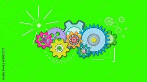Neon bright color looping gearwheels and animating chain gears in motion graphic with on a green screen.