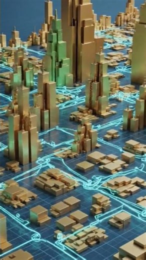3D isometric animation of a growing financial city.