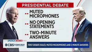 2.3K views · 60 reactions | President Biden and former President Donald Trump are set for a rematch debate next week in the 2024 Presidential election, with rules including muting one candidate's mic while the other speaks, omitting opening statements and allowing each two minutes per question. | CBS Evening News | Facebook