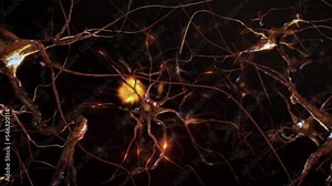3D Animation of Neurons and Neural Connections. Nerve Cell Activity in the Brain, Neurogenesis, Neurotransmitters, Synapse. Electric Impulses in the Nervous System.
