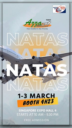 1.4K views · 12 reactions | Hey Azza travels, mark your calendars for March because we will be at the NATAS travel fair! Come and visit us at booth 4H23 and get ready to be blown away by our exciting packages and new destinations. We can't wait to share with you. See you there! | AZZA TRAVEL & TOURS PTE LTD | Facebook