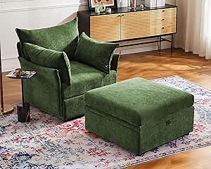 ABCASA Single Sofa Accent Chair with Stroage Ottoman Chaise Lounge Chair Indoor, Chenille Couch Sofa Chair with Washable Chenille Cover for Living Room, Bedroom and Apartment, Pet-Friendly,Green