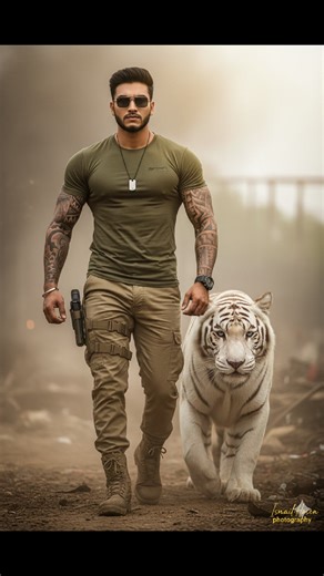 Ultra realistic cinematic scene of a muscular man (uploaded photo for 100.999% facial reference) walking confidently beside a majestic white tiger, both emerging through a dusty, smoky battlefield-like environment, hyper-detailed full body shot. The man has a rugged and powerful physique with defined muscles, wearing a fitted olive green military-style t-shirt, tactical khaki cargo pants, and heavy combat boots, detailed tattoos covering both arms, carrying a sidearm holstered at his waist, wear