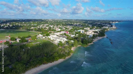 Savannah Beach Club and Sugar Bay Barbados aerial view at South Coast in city of Bridgetown, Saint Michael, Barbados.