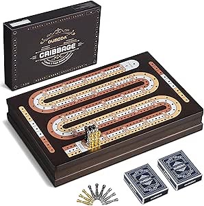 Wooden Magnetic Cribbage Board Game| Travel 3-Track Scoreboard Set| 2 Playing Cards| 9 Metal Pegs| Compact Size for Travelling Game Night (Instruction Included)