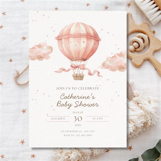 Baby Shower Invitation Template Canva, Editable Baby Girl Hot Air Balloon Invite, Pastel Whimsical Baby Shower Printable Digital - Etsy
