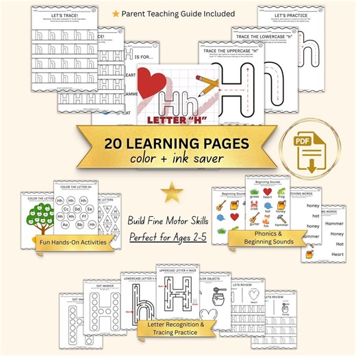 Letter H Worksheets for Preschool | Tracing Printable Ages 2–5 - Etsy