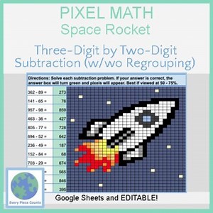 Pixel Art Math - Space Rocket -  Three-Digit by Two-Digit Subtraction