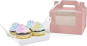 Pink Cupcake Box 4 Cupcake Holders（25Packs）,6.2 x 6.2 x 3.5 inch,Cupcake Carrier with Insert and Display Window