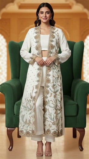 A three-piece ivory set featuring a floor-length, open-front jacket with multi-colored Zardosi