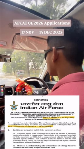 Vivek on Instagram: "🚨 AFCAT 01/2026 – APPLICATIONS OPEN! 📅 Apply from 17 Nov to 14 Dec 2025 🧠 Online Exam: 31 Jan 2026 – Saturday Aspirants, this is your moment. Prep hard & aim high! ✈️🔥 #AFCAT2026 #IndianAirForce #AFCAT #DefenceAspirants #AimHigh"