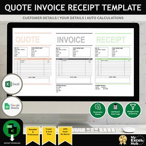 Quote Invoice Receipt Template Excel | Billing Spreadsheet for Self Employed  | eBay UK