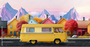 Modern collage animation. Yellow camper travels around the world. Choose your next stop. Trip, adventures, vacation concept