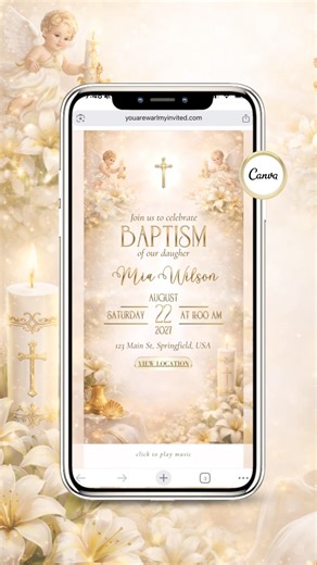 Baptism Invitation with RSVP Link | Elegant Catholic Gold Canva Digital Invite #baptisminvitation