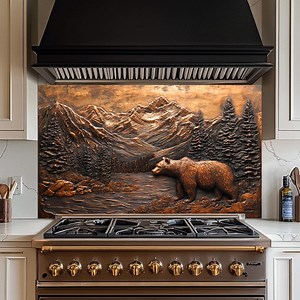 Copper Bear Creek Backsplash, Tempered Glass Kitchen Backsplash, Copper Bear Forest Scene, Stove Wall Protector, Splashback, Backsplash Tile - Etsy