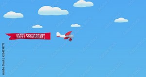 Happy anniversary sign with waving banner and 3D old biplane and pilot. Cartoon animation for celebrating of anniversary