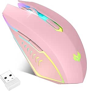 Wireless Gaming Mouse, Rechargeable Computer Mouse, 7-Color LED Light, Ergonomic Mouse with 6 Silent Click Buttons, 3 Adjustable 2400 DPI Wireless Mouse for Laptop,PC,Mac, Pink
