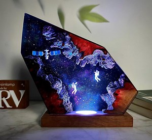 Custom Galaxy Night Light: Astronaut & Satellite Resin Wood Lamp, Interstellar Resin Lamp, Galaxy Lamp, Galaxy Night Light - Etsy