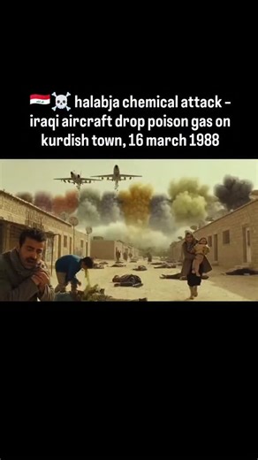 PipTalkies on Instagram: "🇮🇶☠️ halabja chemical attack – iraqi aircraft drop poison gas on kurdish town, 16 march 1988 a 15-second realistic depiction of the iraqi chemical attack on halabja. mig and mirage planes release bombs containing mustard gas, tabun, sarin, and vx, creating white, black, and yellow clouds 150 feet high. civilians collapse in streets and fields, experiencing severe symptoms, as survivors flee through the toxic haze. historical reconstruction | follow for documented hist