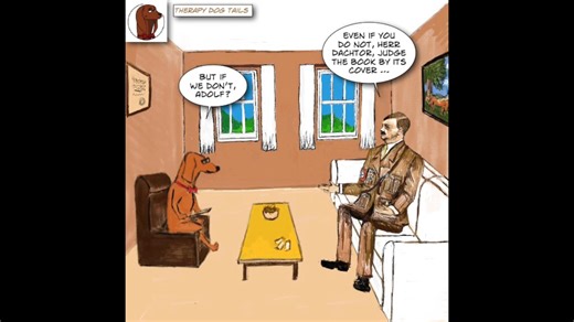 Guess the punchline on the latest Adolf Hitler cartoon. Here’s a Bluesky only hint! (Answer on Substack.) https://bsky.app/profile/therapydogtails.bsky.social | Therapy Dog Tails