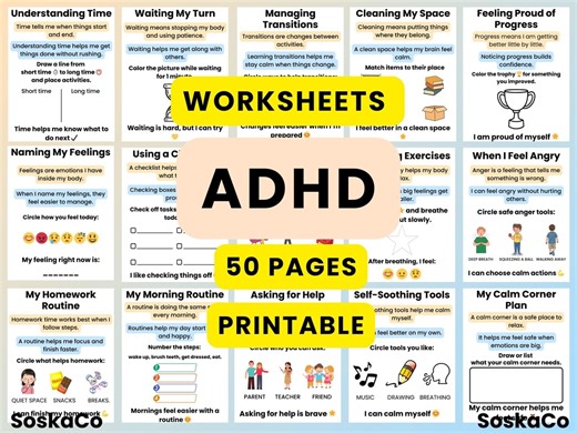 ADHD Worksheets for Kids, Focus Activities, Learning Emotional Regulation, Social Skills Workbook, Instant Download - Etsy