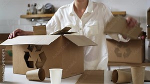 Reuse sign, People sort and pack used cardboard paper cups. Leader energetic Worker at workplace folds cardboard paper waste In slow motion Activist girl Preparing recycle material indoors disposable