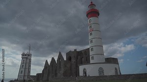 Famous abbey ruins and lighthouse Phare de Saint Mathieu, Plougonvelin, Finistere, Bretagne, France. Phare,saint-mathieu, saint mathieu, brest, chapelle, finistere. Plougonvelin, Finistere, France