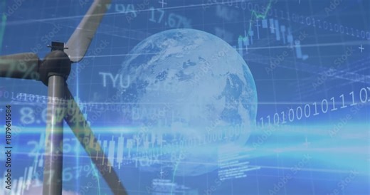 Animation of graphs, globe and data processing over wind turbine