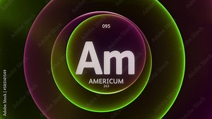 Americium as Element 95 of the Periodic Table. Concept animation on abstract green purple gradient rings seamless loop background. Title design for science content and infographic showcase backdrop.