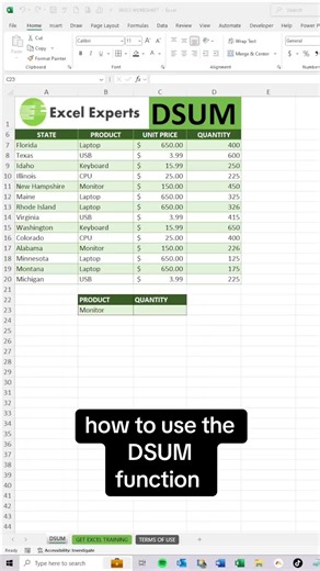 How to Use the DSUM Function Find us on: - Facebook: Excel Experts - YouTube: Microsoft Excel Experts - Twitter: DFWExcelExperts - Instagram: DFWExcelExperts - TikTok: excel.experts - LinkedIn: Excel Experts VISIT US: www.dfwexcel.com #excel #formulas #functions #howto #microsoft365 #dallas #fortworth #texas