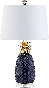 JONATHAN Y 23" Navy Blue/Gold Pineapple Ceramic Table Lamp for Bedroom Decor, Modern Whimsical Bedside Nightstand Lamp with White Linen Drum Shade and LED Bulb JYL4019A