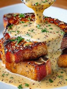 Maple Bacon Pork Chops with Dijon Mustard Cream Sauce Ingredients: 4 bone-in pork chops (about 1 inch thick) 4 slices of bacon, chopped 1 tablespoon olive oil Salt and pepper, to taste 1/2 cup maple syrup ...... Full Recipe in Coʍmеոτ 💬 | Food Lovers