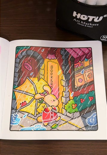 A very cute raining page using my @HOTU Art Lab markers ! I love this effect and this amazing feeling of reality. Coloring secret: it’s just about shadows and light! Link in my bio for the Hotu set ✨ #coloring #coloringforadults #book #rain #effect