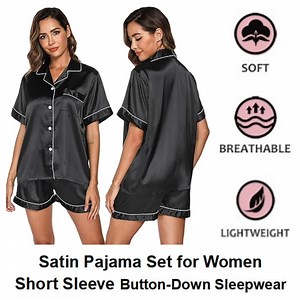 Womens Satin Pajama Sets Short Sleeve Silk Pajamas Sets for Women Button Down Sleepwear Set 2 Pieces Womens Loungewear Short Sets, S-XXL