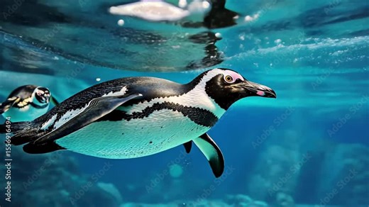 Humboldt penguins gracefully swim through clear blue waters in an underwater display of agility, Penguins swimming under blue water Humboldt penguin (Spheniscus humboldti) is a medium sized penguin