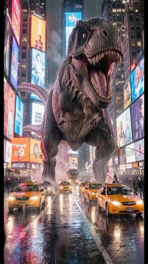 Massive T-Rex Takes Over Times Square at Night #dinosaur #jurrasic #viral