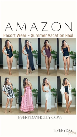 Holly Frisch | 40+ Petite Casual Style l Amazon Fashion Deals on Instagram: "☀️Mom approved summer beach vacation outfits! Save for later if you are not quite ready for resort wear 🏖️ Comment VACAY for the 🔗’s! Tummy control swimsuits in both one piece and two piece styles. Love a good tankini! My favorite sarong cover-up and a gorgeous crocheted cover-up dress! I also included one of my go two dresses and a cute romper! For reference: I’m 5’1, 109lbs. Everything is unaltered"